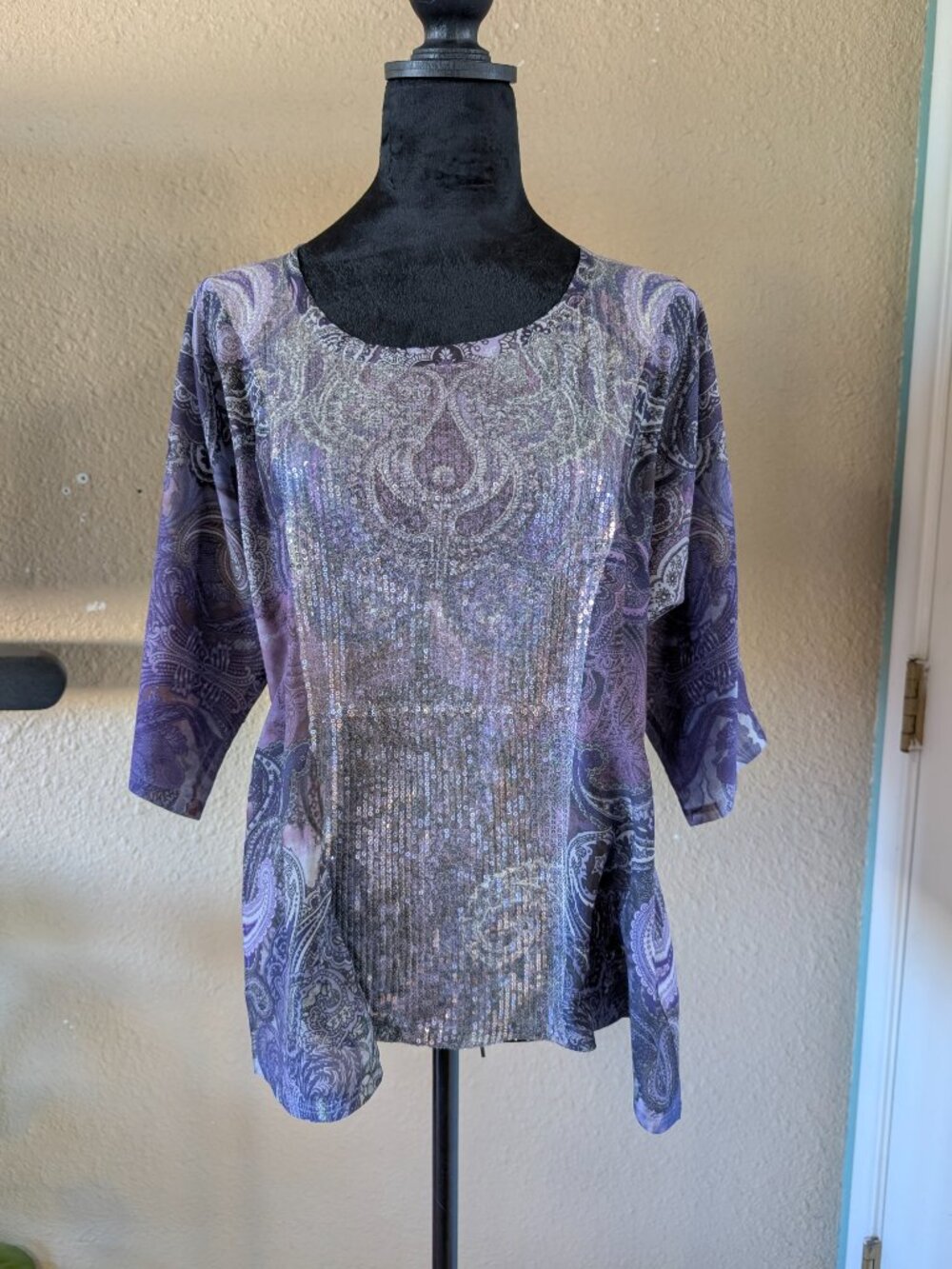 Roz & Ali Purple Paisley Sequin Front Blouse - 3/4 Sleeve - Size L